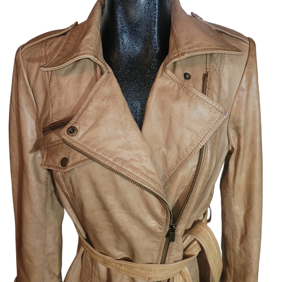 Black Rivet Women's Tan Leather Belted Jacket L - Picture 3 of 10